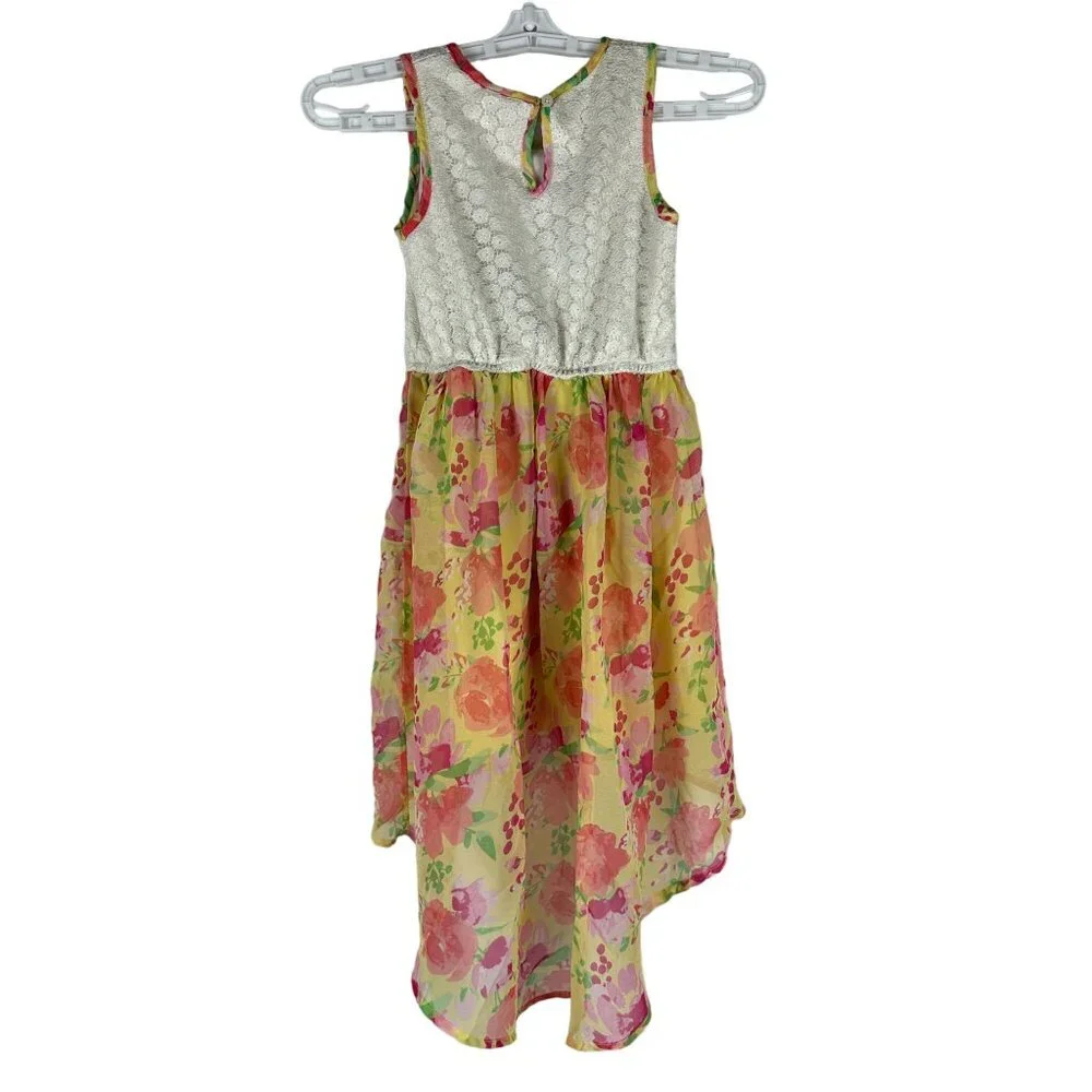 Real Love Girls' High-Low Floral Dress With Lace Bodice Size 7/8 Multicolor